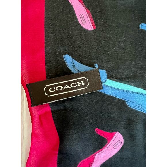 Coach 100% Silk Scarf with Bright Color Shoes Black Background with Red Frame - Picture 6 of 7